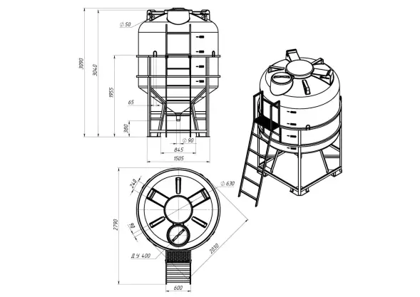 Емкость ЦКТ 5000 л с патрубком 90мм с фланцем под плотность до 1,2 г/см3 белая в обрешетке с лестницей