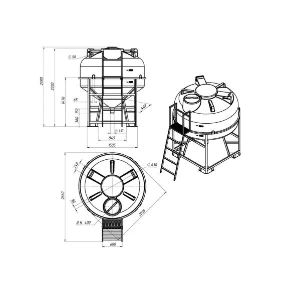 Емкость ЦКТ 3000 л с патрубком 90мм с фланцем под плотность до 1,5 г/см3 белая в обрешетке с лестницей