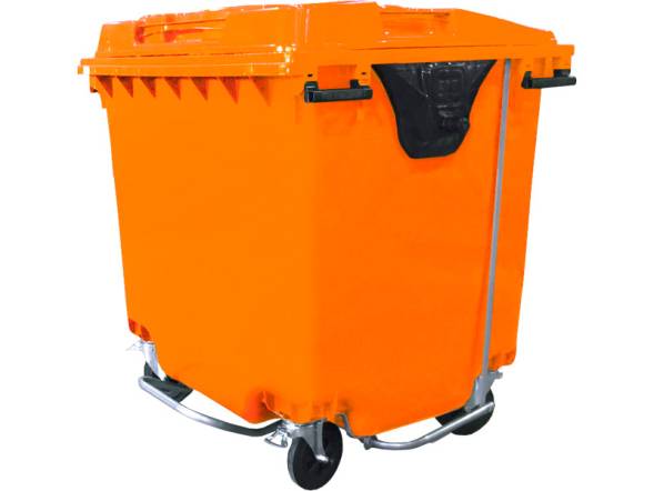Пластиковый мусорный контейнер на колесах с педальным приводом, 1100л, оранжевый