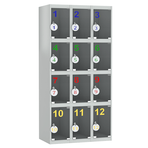 Металлический шкаф для сумок с дверцами из стекла 12 ячеек [13133]