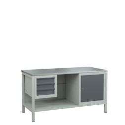 Верстак 1500 с полкой из промежуточных панелей, подвесной тумбой с 3 ящиками, тумбой с дверцей и полкой [9548]